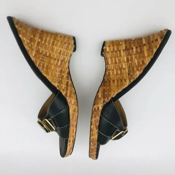 Anne Klein Wedge Sandal 7.5 Black Leather Straw Women AKHagan - Picture 13 of 15